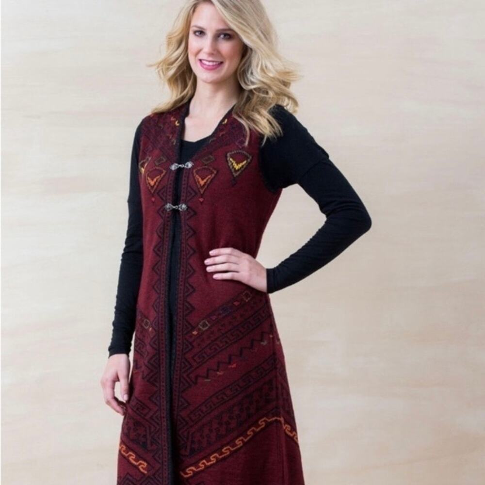 Simply Natural Alpaca Blend Reversible Embroidered Aztec Print Long Duster Vest